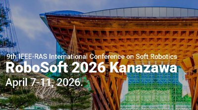 Das offizielle Banner der RoboSoft 2026, das das ikonische Tsuzumi-mon Tor am Bahnhof von Kanazawa zeigt.