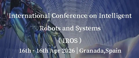 Ein stilisiertes Bild einer Roboterhand und einer menschlichen Hand, ergänzt um die Konferenzdetails zur IROS 2026 in Granada, Spanien.
