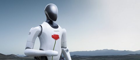Der humanoide Roboter Xiaomi CyberOne hält eine einzelne rote Blume in der Hand.