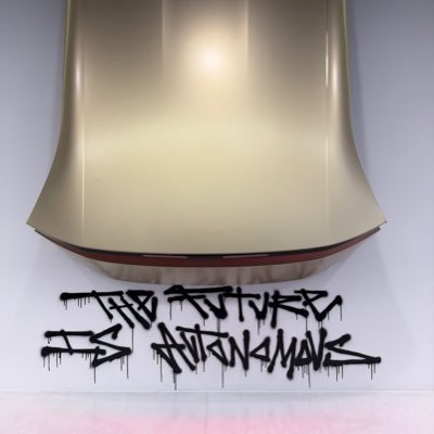 Elon Musks X-Avatar zeigt eine Motorhaube mit Graffiti-Aufschrift 'The Future is Autonomous'