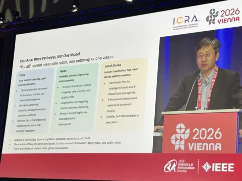 Professor Hesheng Wang präsentiert auf der ICRA 2026 eine Folie, die die unterschiedlichen Robotik-Strategien von China, Japan und Südkorea detailliert beschreibt.