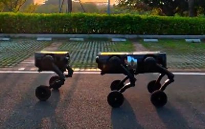 Zwei Direct Drive Tech D1 Roboter bewegen sich synchron, bevor sie sich verbinden.