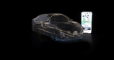 Eine transparente Ansicht eines Autos, das die Verkabelung und Sensor-Suite des NVIDIA DRIVE AGX Hyperion 10 zeigt, neben einem Smartphone mit der Uber-App.