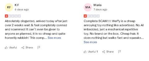 Ein Screenshot einer typischen irreführenden Online-Anzeige für ein billiges Roboterhund-Spielzeug.