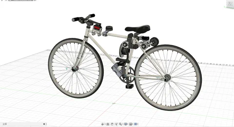 A CAD rendering of the XUAN-Bike showing its custom motors and control systems.