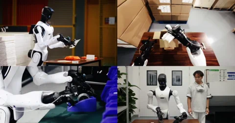 Eine Collage, die humanoide Roboter von AGIBOT bei verschiedenen Aufgaben zeigt, wie dem Falten von Wäsche und der Arbeit in einem Lagerhaus.